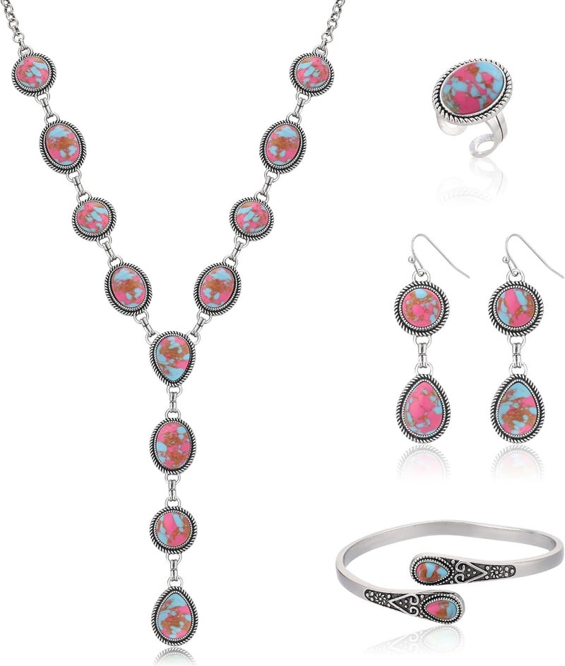 JMScape 4 PCS Western Turquoise Jewelry for Women Boho Vintage Navajo Pearl Necklace Earring Bracelet Ring Set Country Cowgirl Accessories for Gift - Image 1